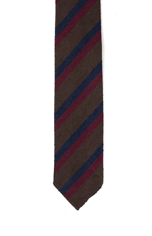 Brown Regimental Shantung Tie with Navy & Burgundy Stripes - Wilmok