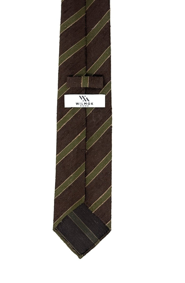 Green & Brown Striped Shantung Tie - Wilmok