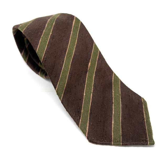 Green & Brown Striped Shantung Tie - Wilmok