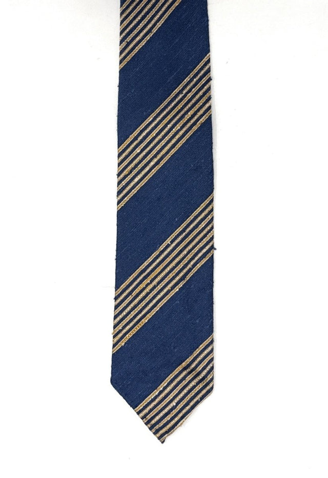 Navy Blue Shantung Tie with Gold Stripes - Wilmok