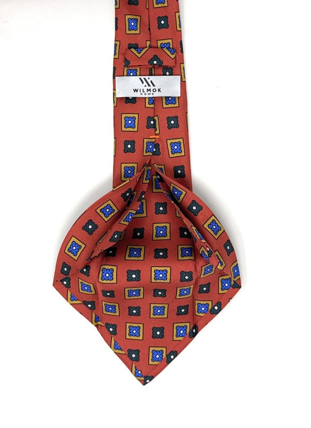 Red 7 Fold Tie with Geometric Pattern - Wilmok