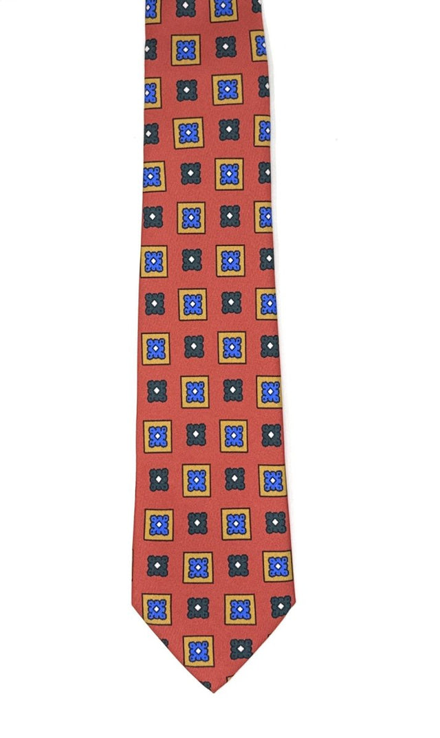 Red 7 Fold Tie with Geometric Pattern - Wilmok