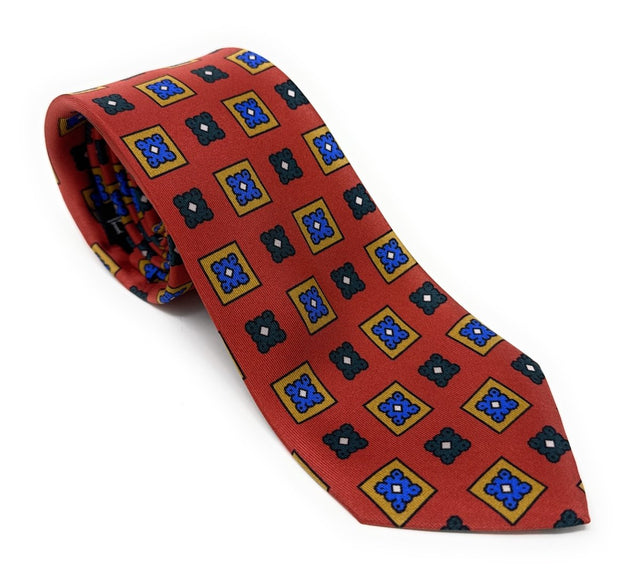 Red 7 Fold Tie with Geometric Pattern - Wilmok