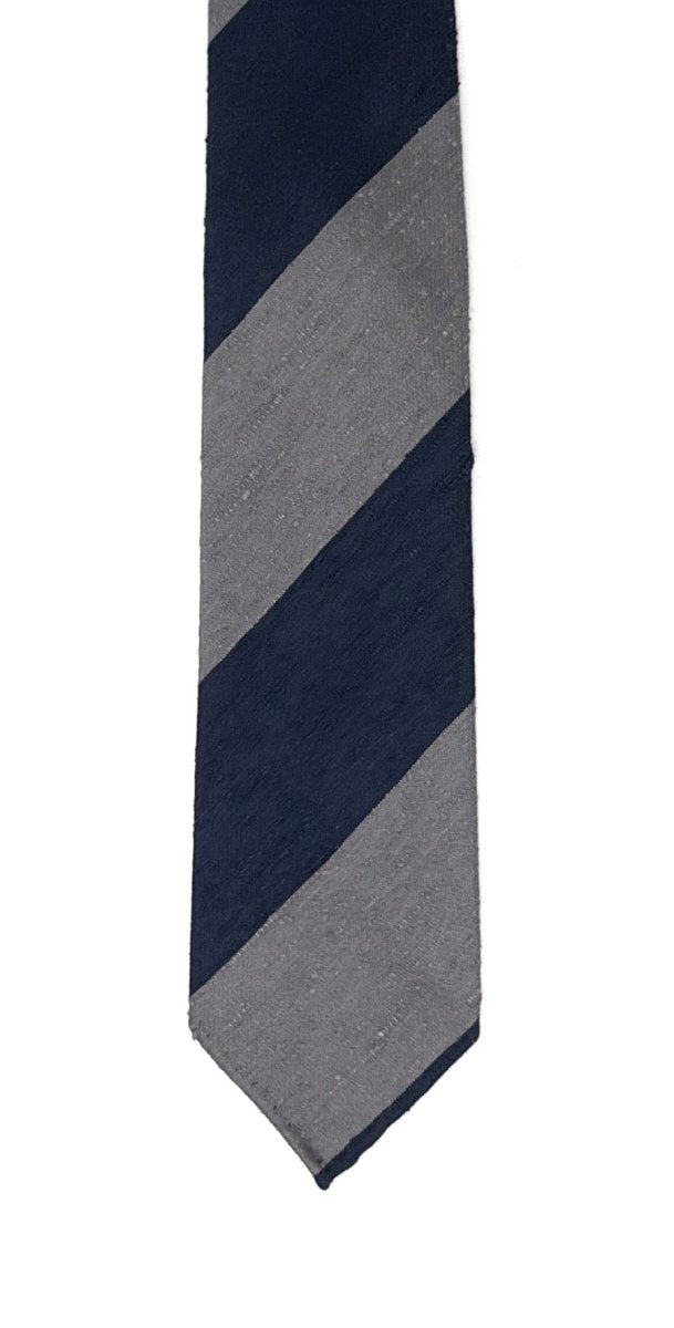 Unlined Silver and Navy Blue Regimental Shantung Tie - Wilmok